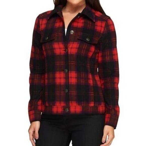 Isaac Mizrahi Live Fleece Trucker Jacket Size Small Red Plaid - Picture 2 of 12